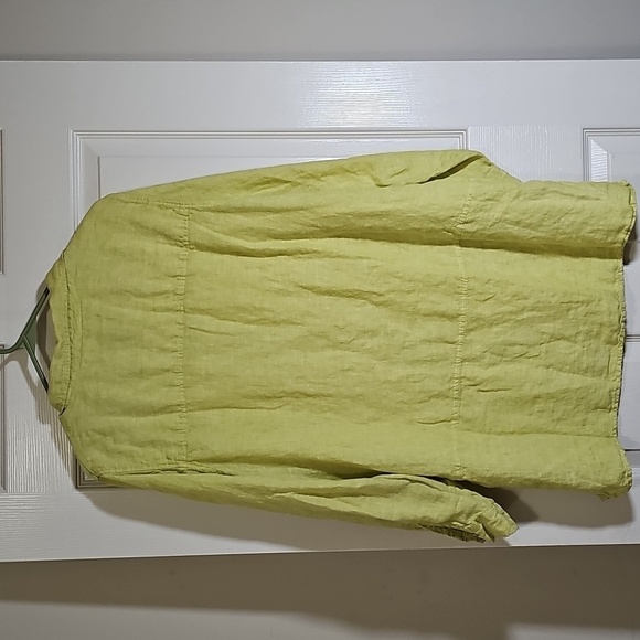 Tahari Lime Linen Button Up Side Slit Long Roll Tab Sleeve Tunic Top Size 1X - Picture 2 of 7